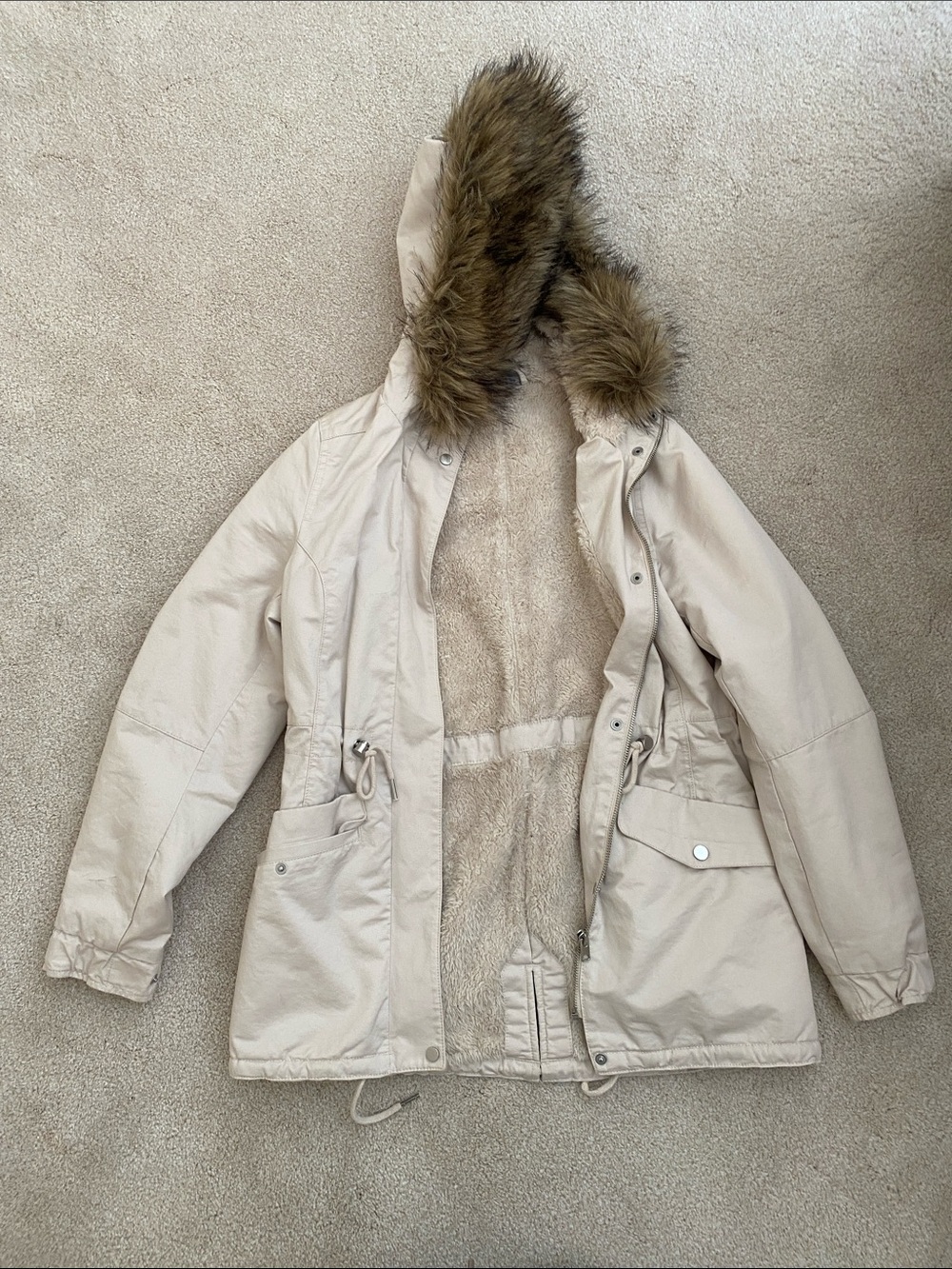 Divided Cream Hooded Puffer Coat with Faux Fur Trim